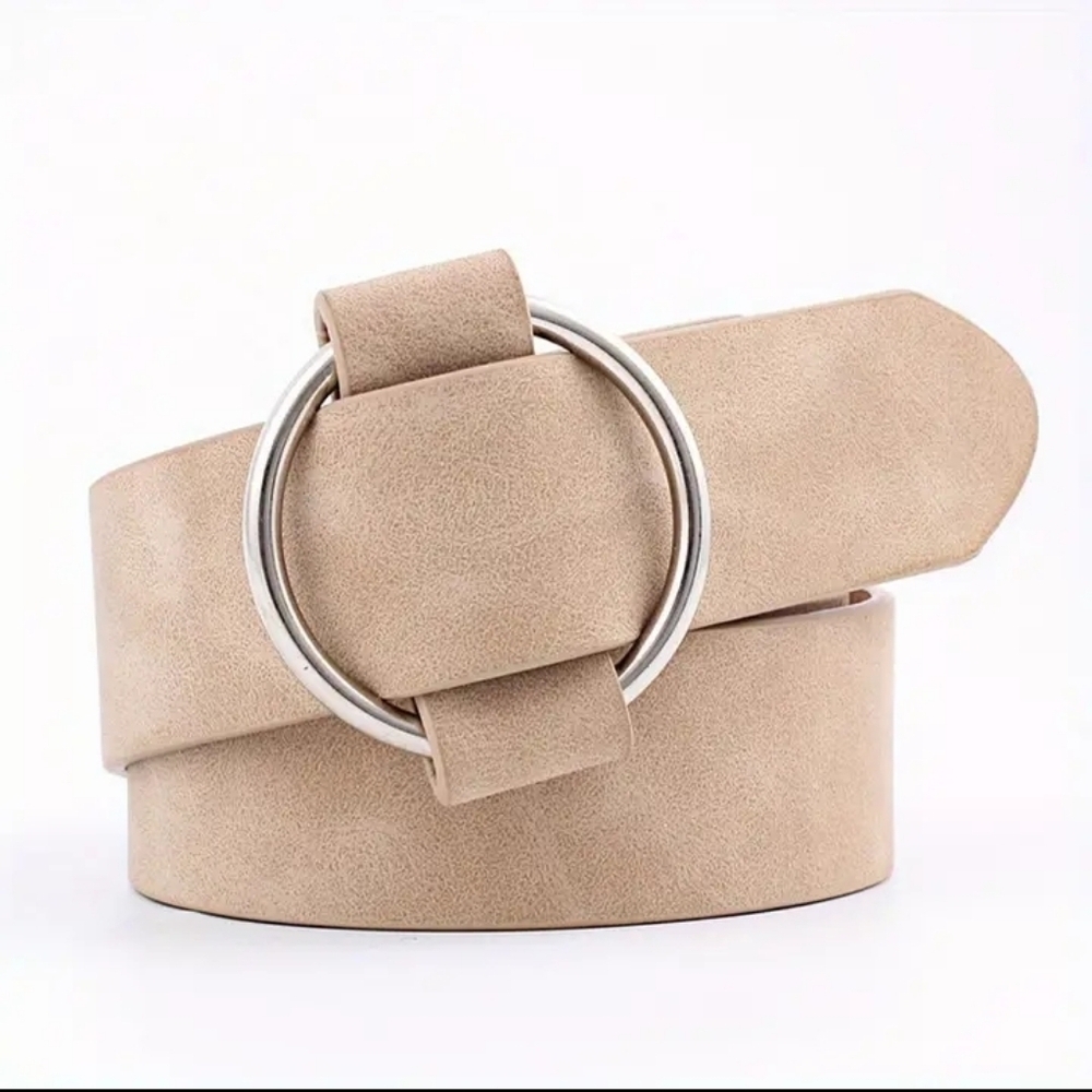 Vegan Soft Suede Leather Round Silver Buckle Belt Khaki color